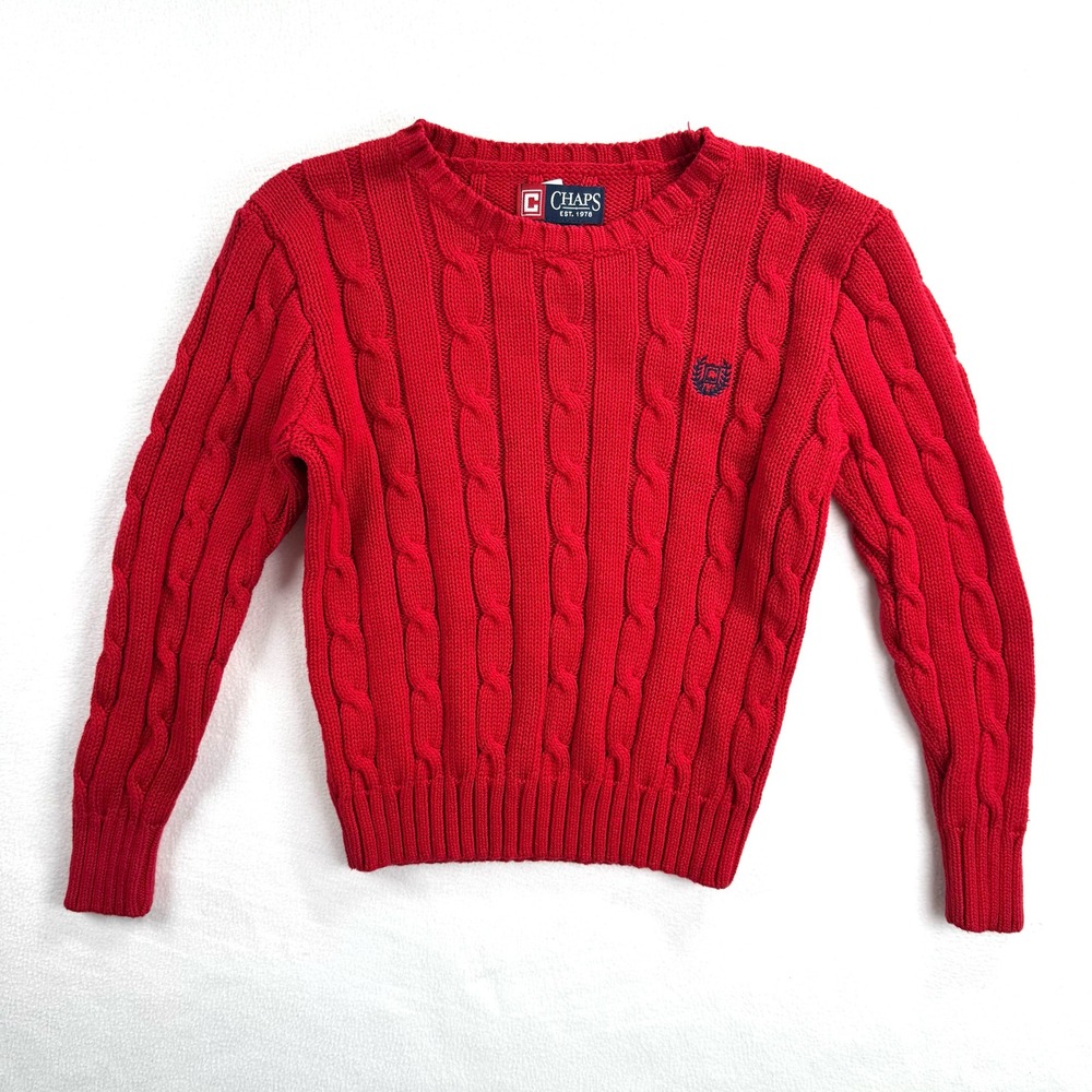 Chaps Kids Red Cable Knit Cotton Crewneck Sweater Size 5 Embroidered Logo